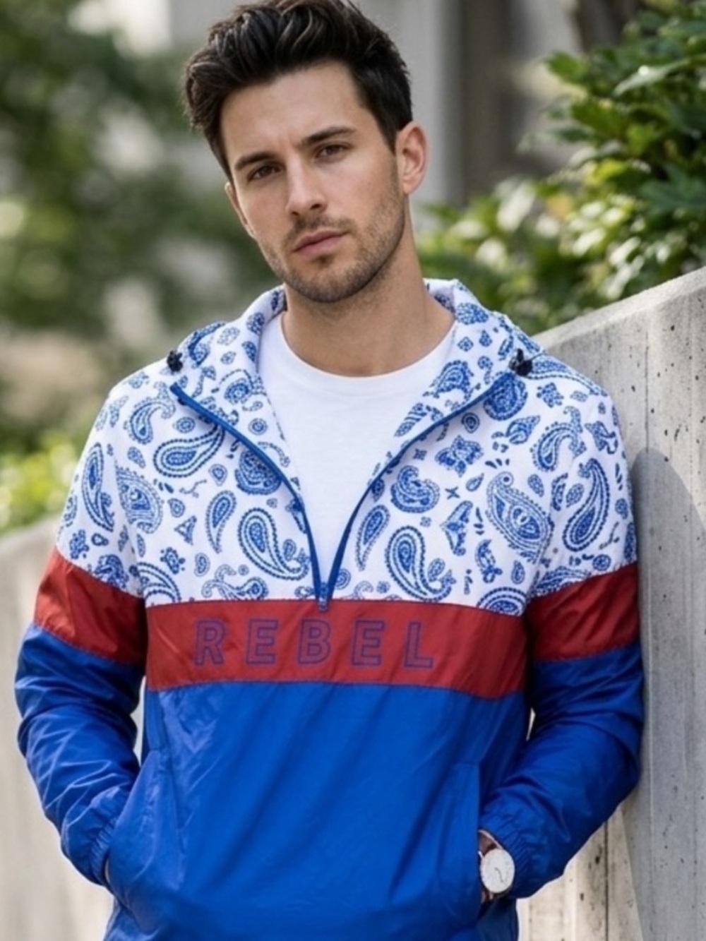 REBEL MINDS Windbreaker- Blue, Red & White Paisley Windbreaker Pullover -1/4 Zip